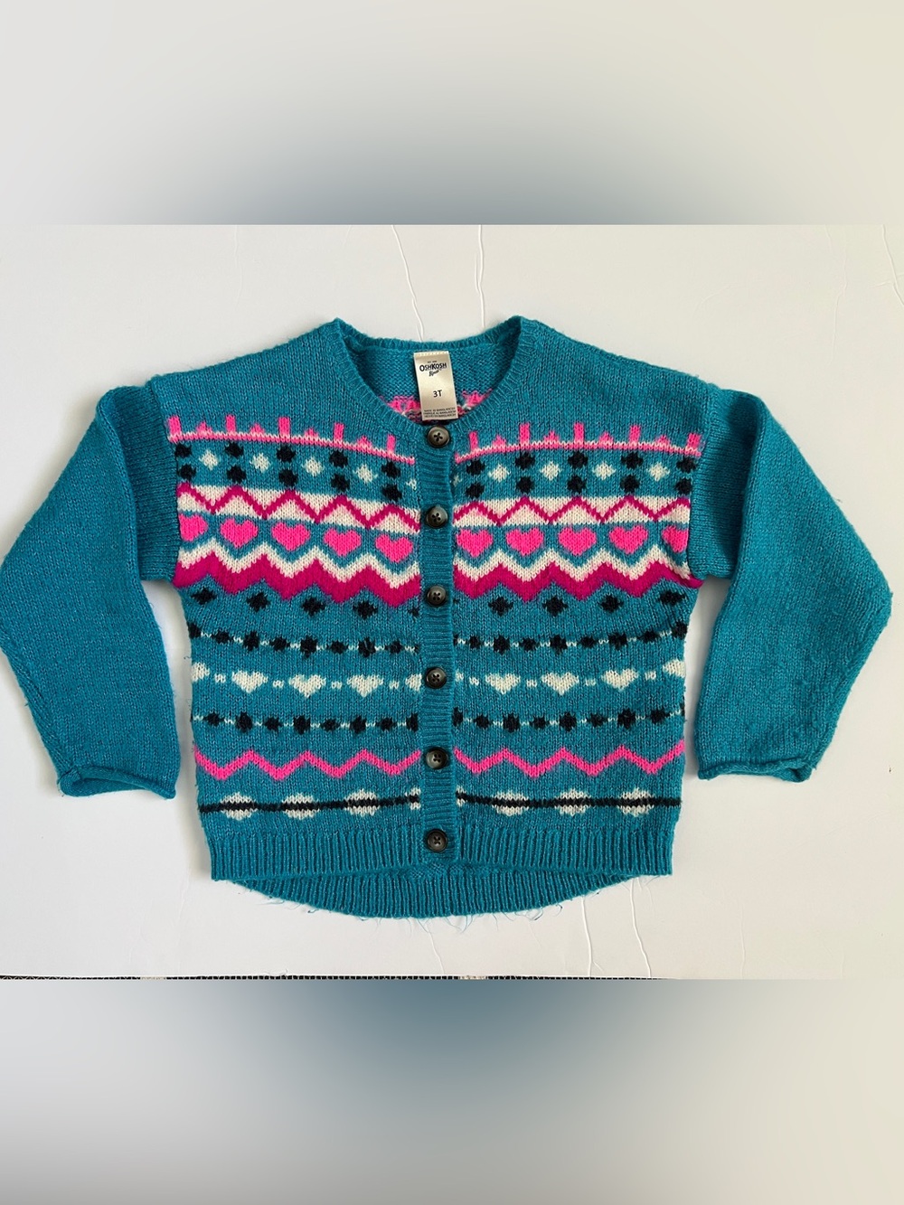 Kids' Blue & Pink Heart Pattern Button Cardigan Knit Sweater